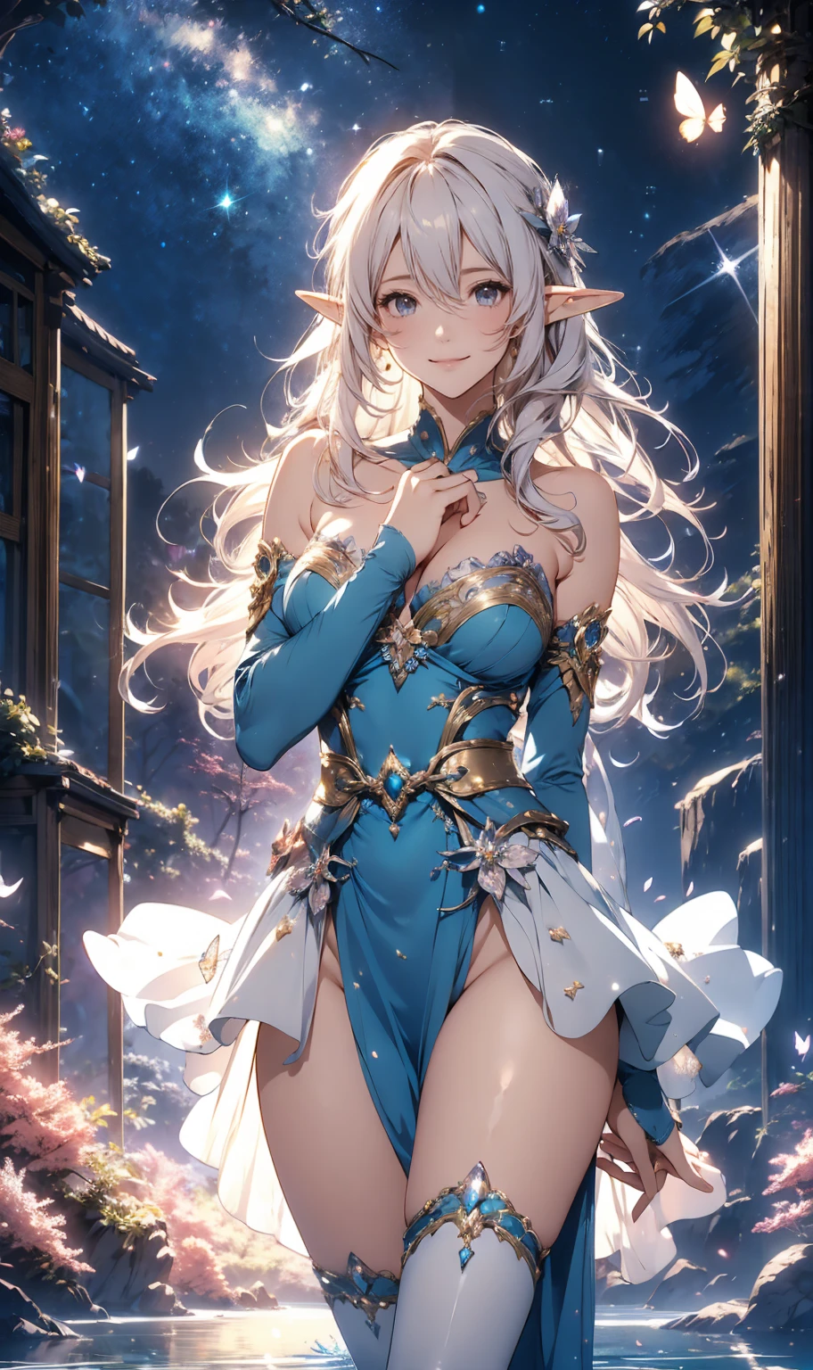 top-quality、Top image quality、​masterpiece、Super beautiful elf beauty((24 year old、santa costume、santa hat、Best Bust、big bast、Bust 90,beautiful blue long ironed hair、a blond、globe、A A sexyは、A slender、a closeup、Esbian、beautiful tiara、hiquality、Beautiful Art、Background with((starrysky)))masutepiece、visualart、depth of fields、low angle night sky、、Elven ears、、light magic、Space Knight、harp melody🎵、Happy smile、Gentle light、、Beautiful legs that are gentle on the skin、、、Number of fingers to achieve precise finger movements、ティッカーBeautiful decoration、elegent、Mystical　　field under the flower garden、Marble pillars, beautiful dressy、Snowy landscape in winter、、巨大なglobe、、Temple of Time、Great watch、hour glass、sundial、NSFW.A sexy、Christmas、Christmasツリー、Beautiful decoration