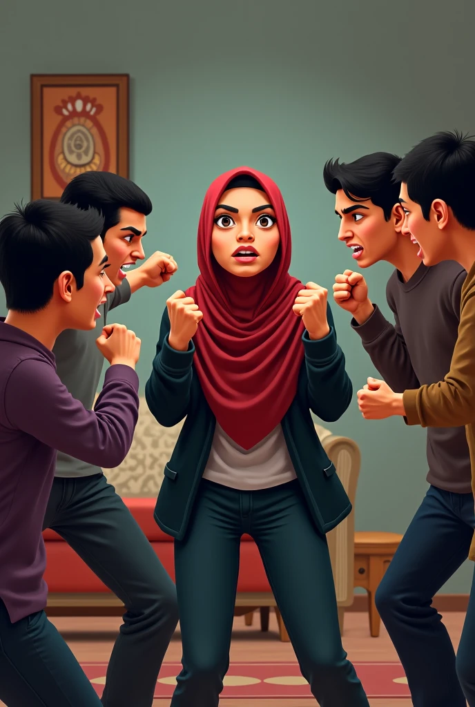 Show a Malay female kneeling down. Scared. Wearing hijab, skintight tee and leggings. Surrounded by many men smiling.
