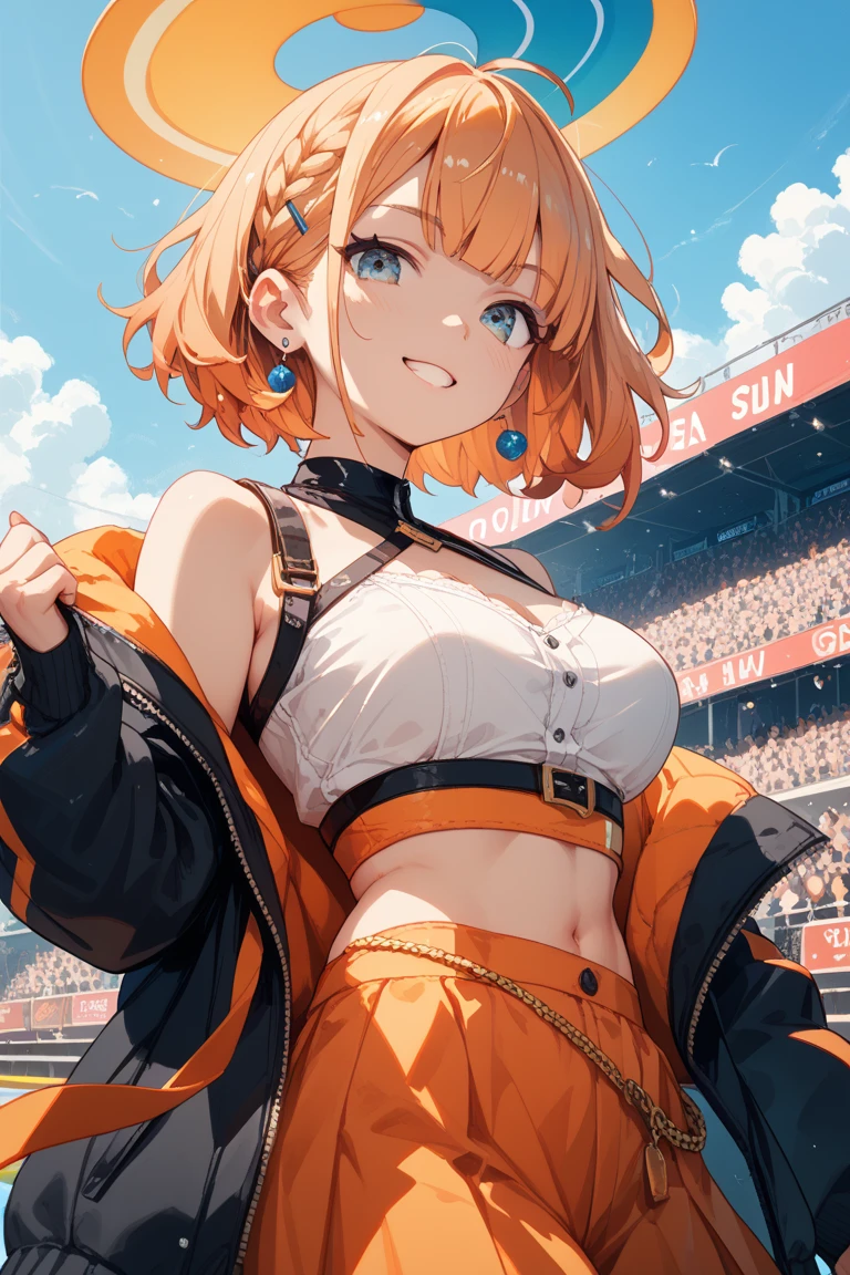 Anime illustration、highest quality、Short high school girl、first round、Kagamine Rin、Perfect proportions、Arena live stage、overwhelmingly big breasts、Beautiful, shining eyes、Cowboy Shot、smile、Excessive sweating、Noise Reduction