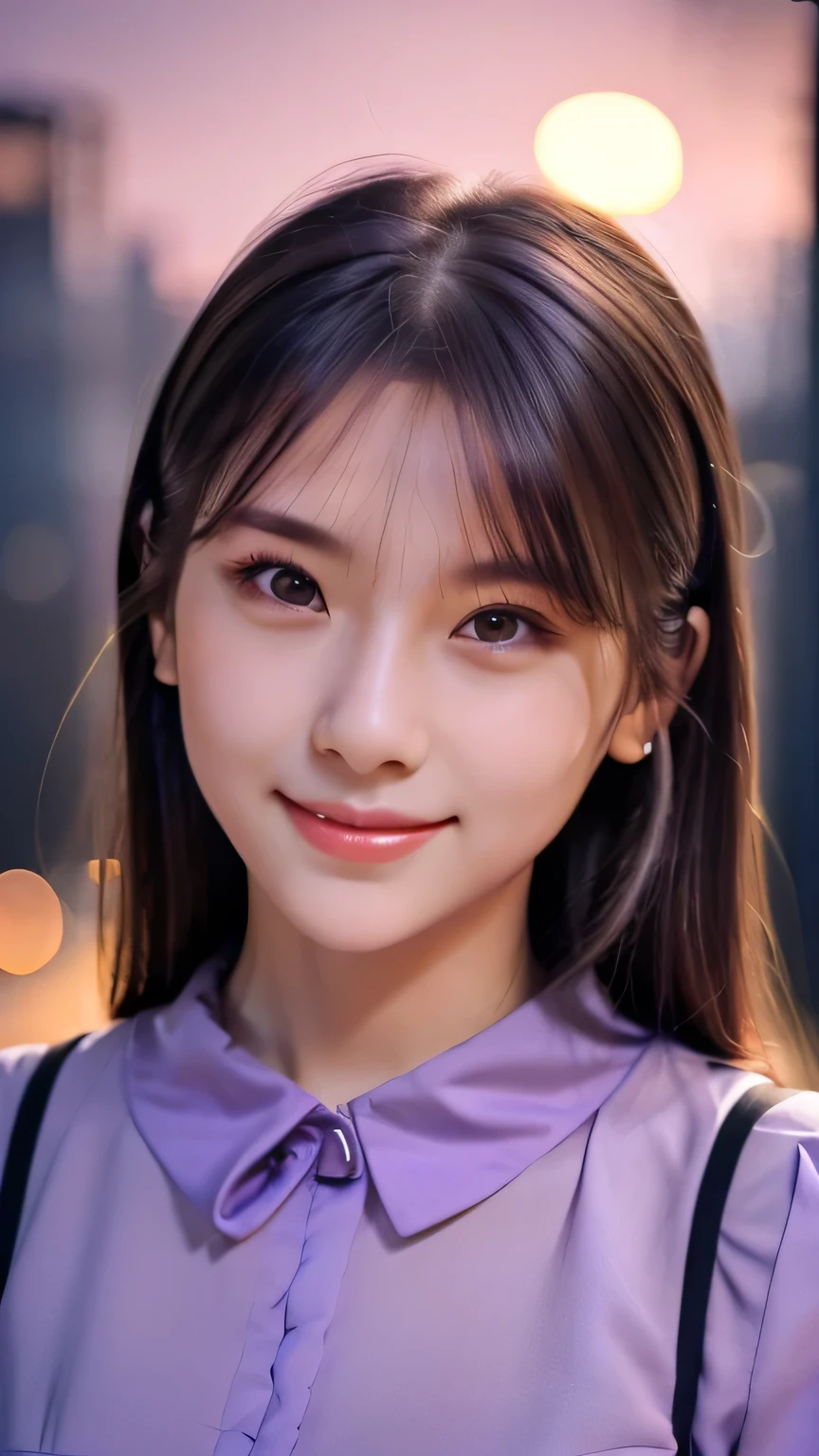 1girl in,(Wearing a lilac blouse:1.2),(Raw photo, Best Quality), (Realistic, Photorealsitic:1.4), masutepiece, extremely delicate and beautiful, Extremely detailed, 2k wallpaper, amazing, finely detail, the Extremely Detailed CG Unity 8K Wallpapers, Ultra-detailed, hight resolution, Soft light, Beautiful detailed girl, extremely detailed eye and face, beautiful detailed nose, Beautiful detailed eyes,Cinematic lighting,city light at night,Perfect Anatomy,Slender body,Smiling