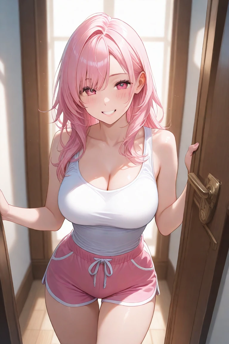 one woman, pink hair, gyaru, canine, aquamarine eyes, Double bun
, navel, manicure, curly long hair, neat white uniform, piercer, smiling mouth, cleavage, cute, short pink skirt, very large breasts