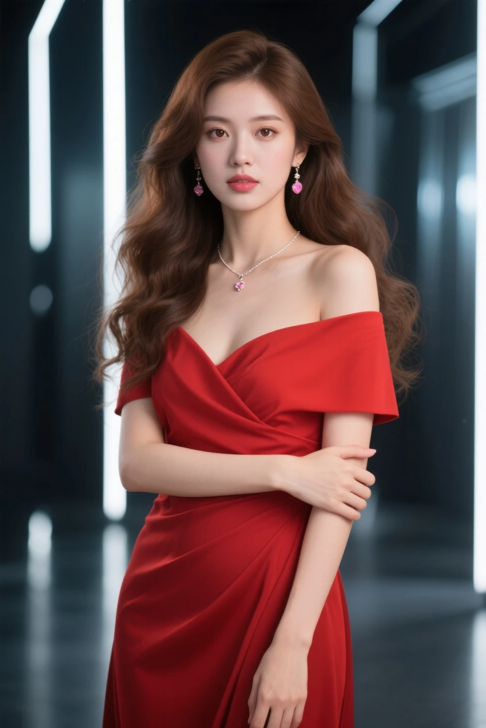 "Create a high-quality image featuring a woman with red hair, fair skin, and impeccable red lipstick application, embodying an elegant and sensual aesthetic. The lighting should be skillfully arranged to play with light and shadow, enhancing her facial features and providing a glamorous atmosphere. The woman should be dressed in a high-fashion piece, such as a long red dress with refined visual details like lace or embroidery, captured by the camera with precision. The depth of field should be carefully adjusted to emphasize the protagonist, while the blurred background adds an artistic touch to the composition. Utilize camera effects like soft bokeh and a carefully chosen color palette to craft a visually stunning and captivating image."