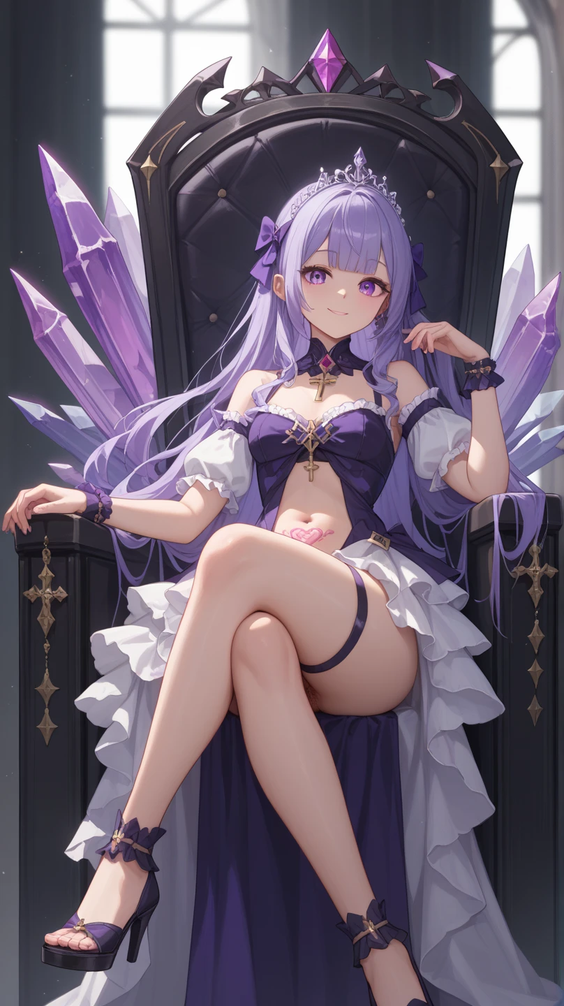 1womanl,work of art,ultra detaild,face perfect,white full body costume,Long black hair,purples eyes,crystallized amethysts,1 floating scepter,Hall,sitting on throne