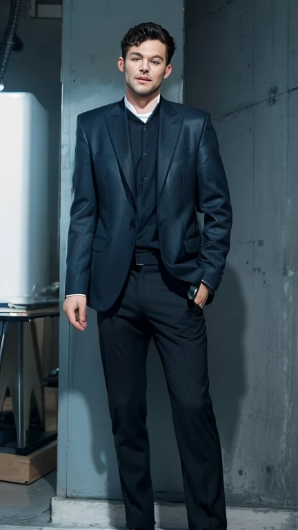 Jamie dornan, A man with neat, realistic black hair, exactly the same hair style, realistic handsome face, realistic cool expression, exactly the same realistic facial shape,Adapt the exact same clothes, realistic light, realistic shadows, real background,Realistic blue eyes,A realistic 25 year old young man, handsome like a realistic Korean