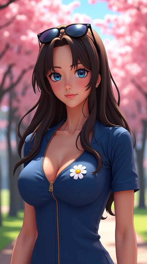 Busty stewardess resting in the shade of a forest tree