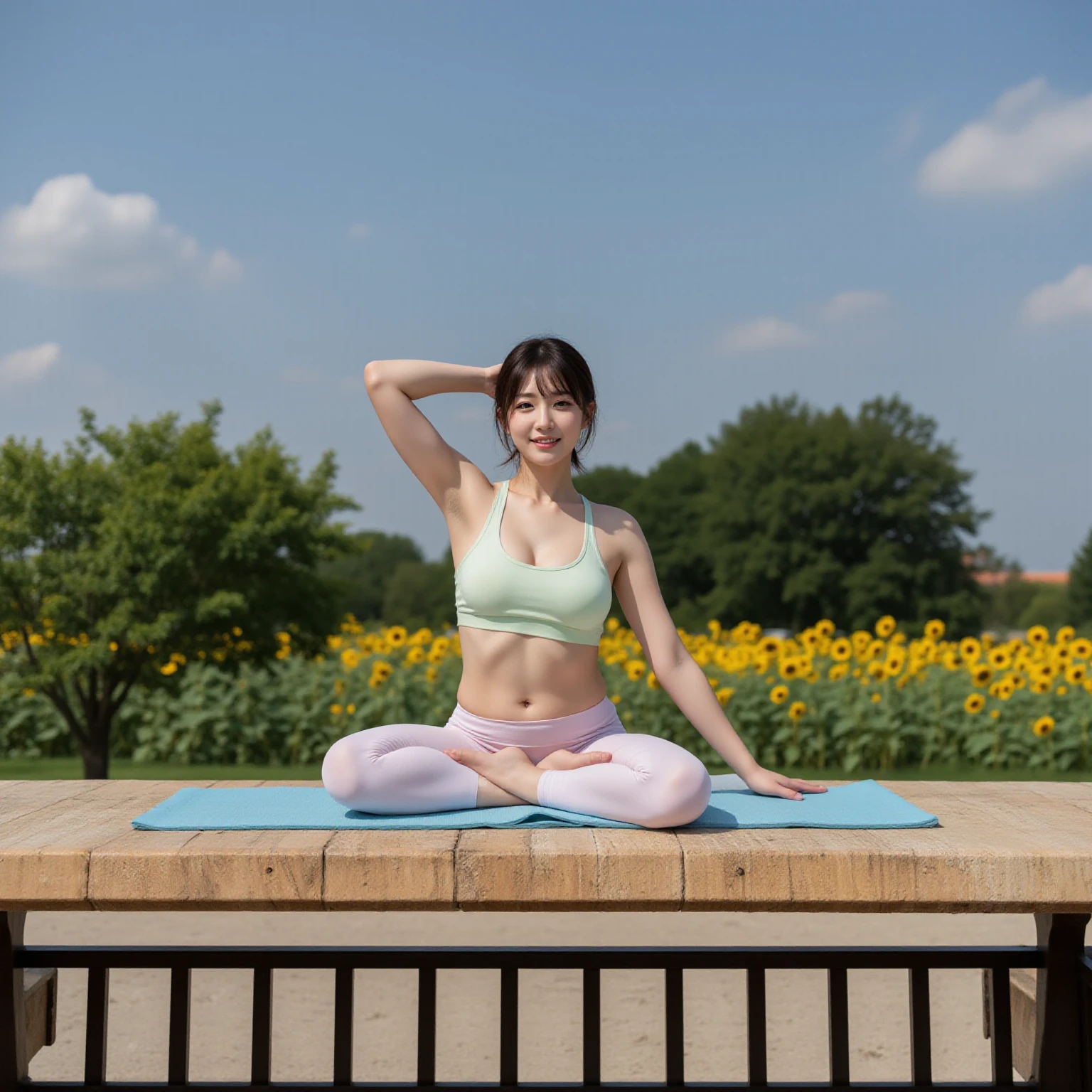 female pervert,30 age old,Sexy body,plumw,The neckline opens,Seductive eyes,Chinese big breasts,On a bench in the park,Wearing white yoga clothes,high saturated,Cinema lenses,high detal,streetview,morningglow,Colorful shades,Front view,Surreal style,