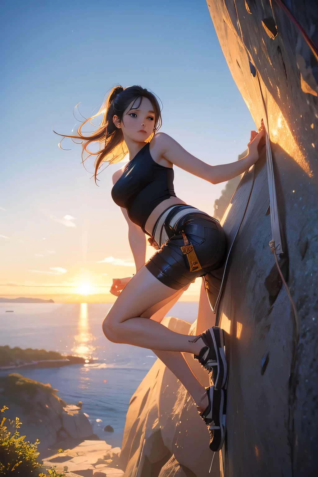Highest quality, masterpiece, Ultra-high resolution, (Realistic:1.4), RAW Photos, Intricate details, Big beautiful eyes, Perfect contours, masterpiece, One Girl, ((Junior high school student)), Braided Bob, (aerial view:2), (perky breasts:1.5, high breasts:1.5), (curvy waist:1.5), Competitive swimmer, (one piece:1.5, turtleneck,Sleeveless swimsuit, Sandals), Clear metallic green swimsuit:1.5, Thin and tight high leg swimsuit:1.4, ((shoot from behind:2, looking away:2)), Portraiture, ((Standing on the edge of a cliff:1.5, Hesitant to jump:1.5, Incredibly high sheer cliffs:1.5, Stand at the highest point overlooking the surrounding area, peer down the cliff:1.5)), (Anxious expression、His mouth is twitching with fear), Wet Skin, (Underarm)