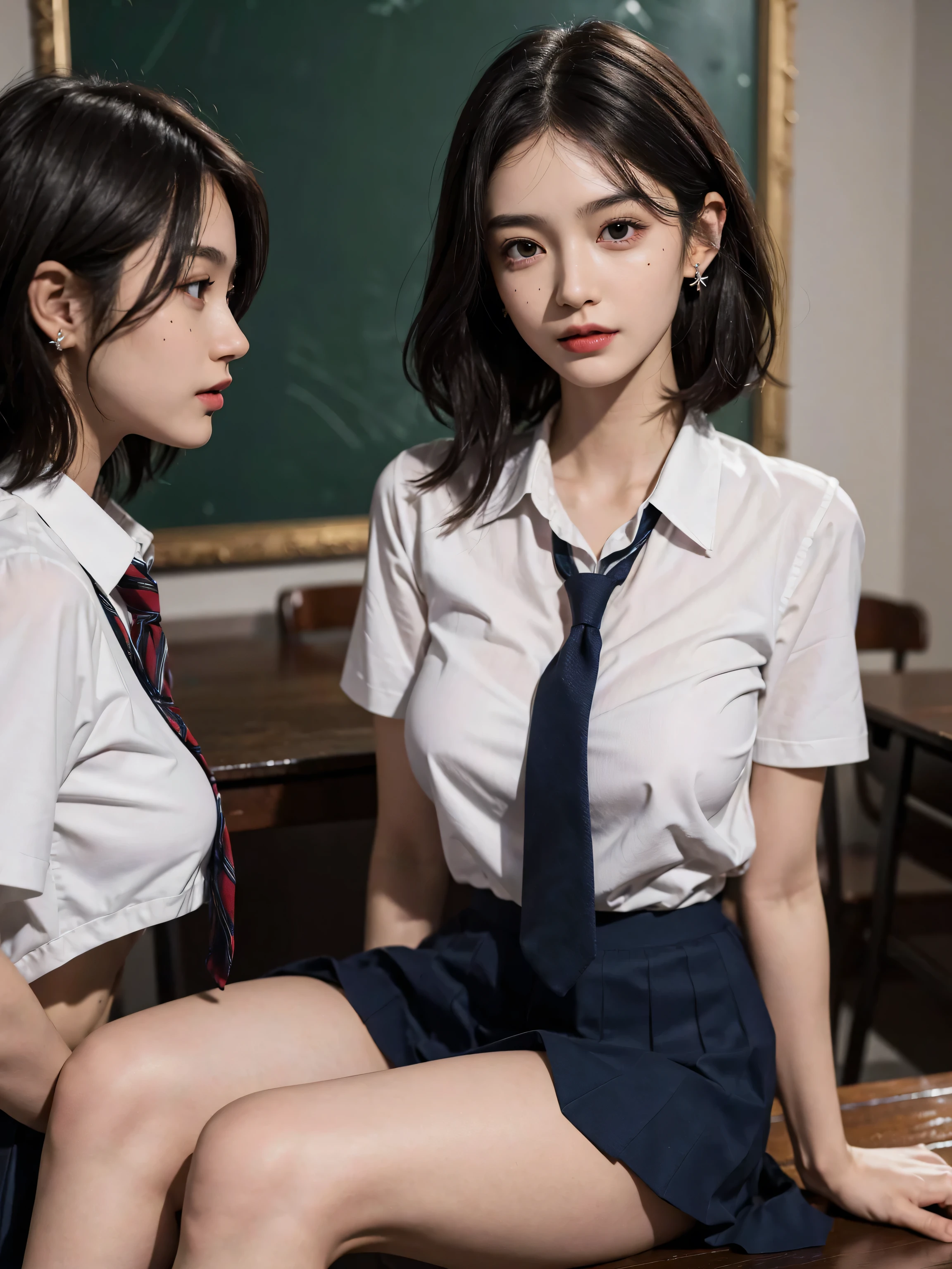 absurderes, Raw photo, Extremely delicate and beautiful, masutepiece, Best Quality, Ultra High Resolution, 16 K, hyper realisitic, Realistic, Photorealistic, Photorealsitic, Ultra-detailed, Perfect Anatomy, super detailed skin, Perfect figure, Very detailed CG 8k wallpaper, in her 20s, Very slim body, Narrow waist, Very small head, Very small face, Delicate facial features, tear moles, Earring, thin legs, (very massive round chest), (Full body shot), (2 Girl:1.2), Short hair, (Wavy Hair), (light brown hair), (Wet clothes), (School uniform:1.3),