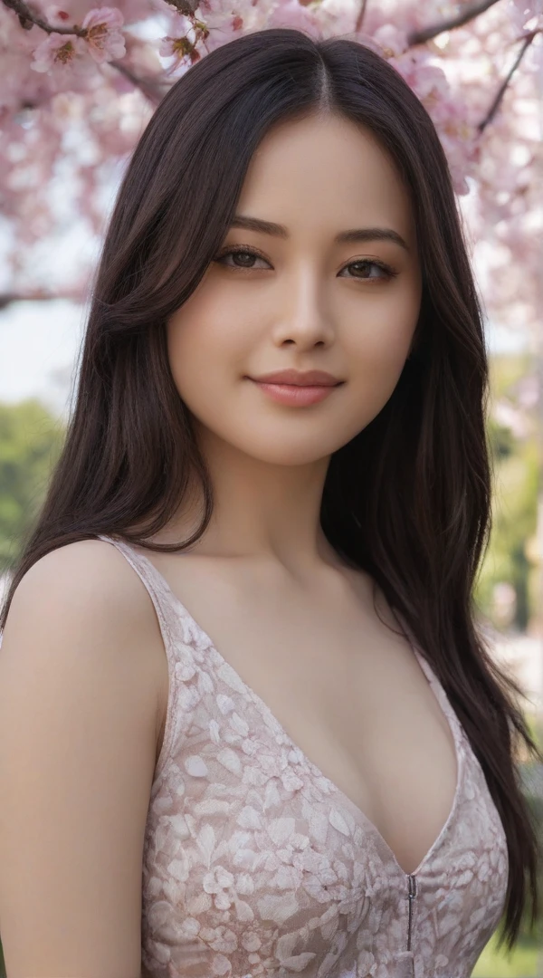 (8k, RAW Photos, highest quality, masterpiece, Realistic, Realistic), (1 female), (Ultimate beauty), Highly detailed face, Fine grain, Double eyelash, eyelash, smile, (Perfect Teeth), Lip details, brunette bob, Big Breasts, (long turtleneck sweater), ((Brown mini skirt)), Cowboy Shot, background:Under the cherry blossoms in full bloom, Soft Light, ((Written boundary depth))