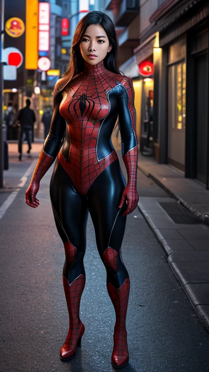 Japanese Girl full body. Wear a Sam Raimi's Spideman full black suit ...
