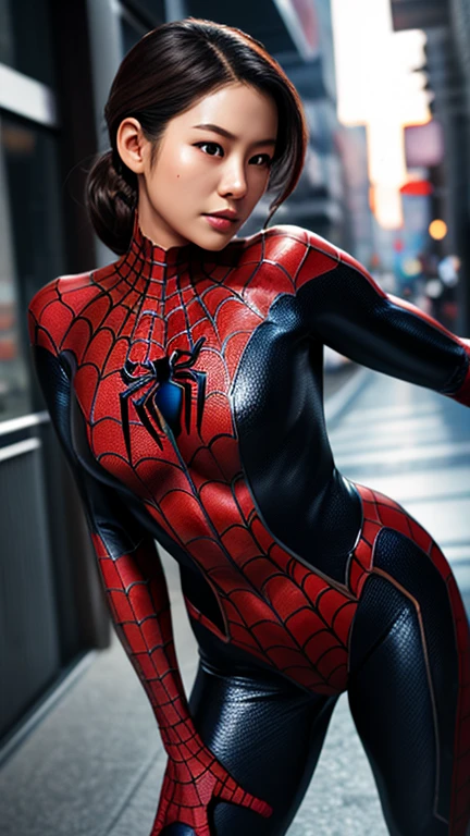 Browsing Caution:1.7、((Cowboy Shot))、Mature Woman、(masterpiece, Highest quality), Intricate details, 8K, 1 Girl,((Blunt bangs))、Black Hair,((Super tight spiderman suit)),Skyscraper, city, building,street,((Delicate painting)),(Detailed RAW photos of girls),(Highest quality:1.6), (Ultra-high resolution:1.5), (Realistic:1.75), 8K resolution, Canon EOS R5, 50mm, Confused, Very detailed,Cinema Lighting、(((Super big breasts)))、Spread your legs、The abdomen is visible、((another々Suit))、Spider knee-high socks、Sexy pose、spiderman bikini、(((A torn and tattered suit:1.1)))、((After the battle))