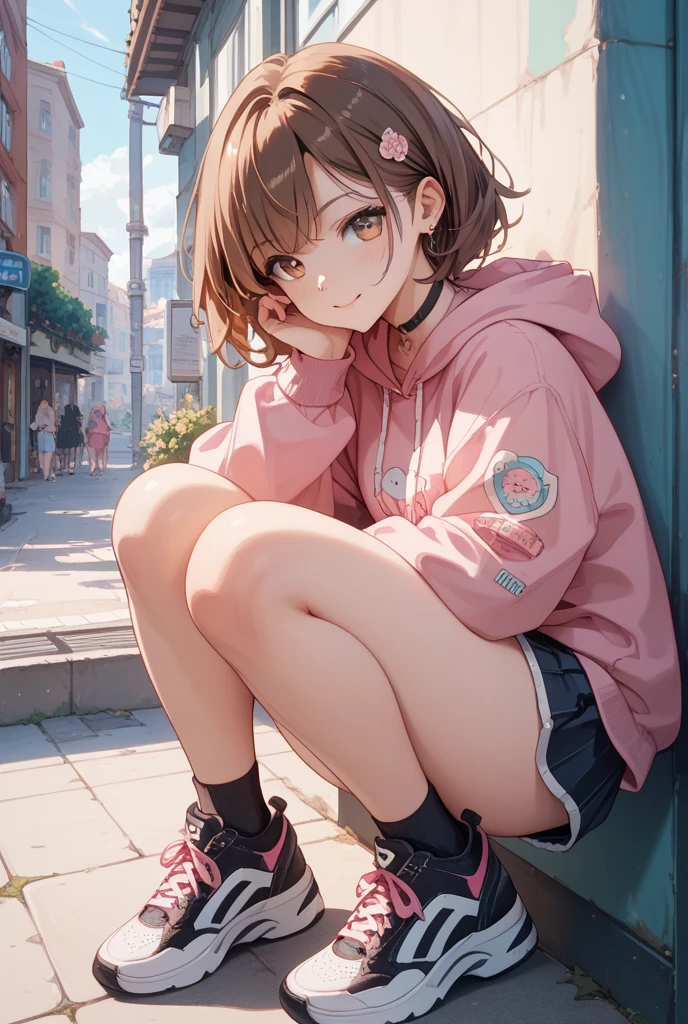 masterpiece, highest quality,Shiny,Abuse of chromatic aberration,pastel colour,whole body,Wide Shot,Perfect Eyes、 One girl,alone, ,Bob cut braids,Red eyes,Brown Hair,smile, View your viewers,Immature girl, architecture,wood,alley,Cobblestones,Sitting, with own hands, Pink hoodie, Black pantyhose,Denim shorts
