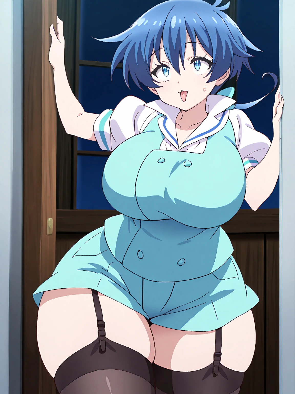 masterpiece, photoreal, high definition, slim waist, long legs, wet skin, huge ass, huge breasts, masterpiece, best quality, absurdres, perfect anatomy, 1girl, solo, Sailor Mercury, (1990s \(style\), short blue hair, glasses, smile, blue eyes, Mogudan_School_outfit, Seifuku, white thigh highs, covered in cum, wet skin, cum drip, bukkake, breast milk, cum on face, cum on tits, lip biting, kneeling, crouching, at the beach