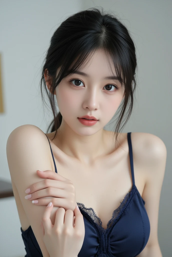 (8k, Raw, Top Quality, Masterpiece: 1.2), (Realistic, Photorealistic: 1.37), Ultra High Resolution, One Girl, Cute, One Model Shoot, Browse, Top Quality, Masterpiece, 8k, droopy eyes, big tits, beautiful breasts, plain background, sexy bikini, thong, smile, highly detailed face, highly detailed lips , double eyelids, elaborate details and subtle glow, shoot her in a pose that reflects both elegance and confidence, enhance the visual effect with cinematic lighting. Use modern 2D design for the background, creating a beautiful, balanced composition. Enhance the scene with elements such as depth of field, bloom effects, and a touch of sparkle, adding a dreamy texture to the overall image. Pay close attention to detail