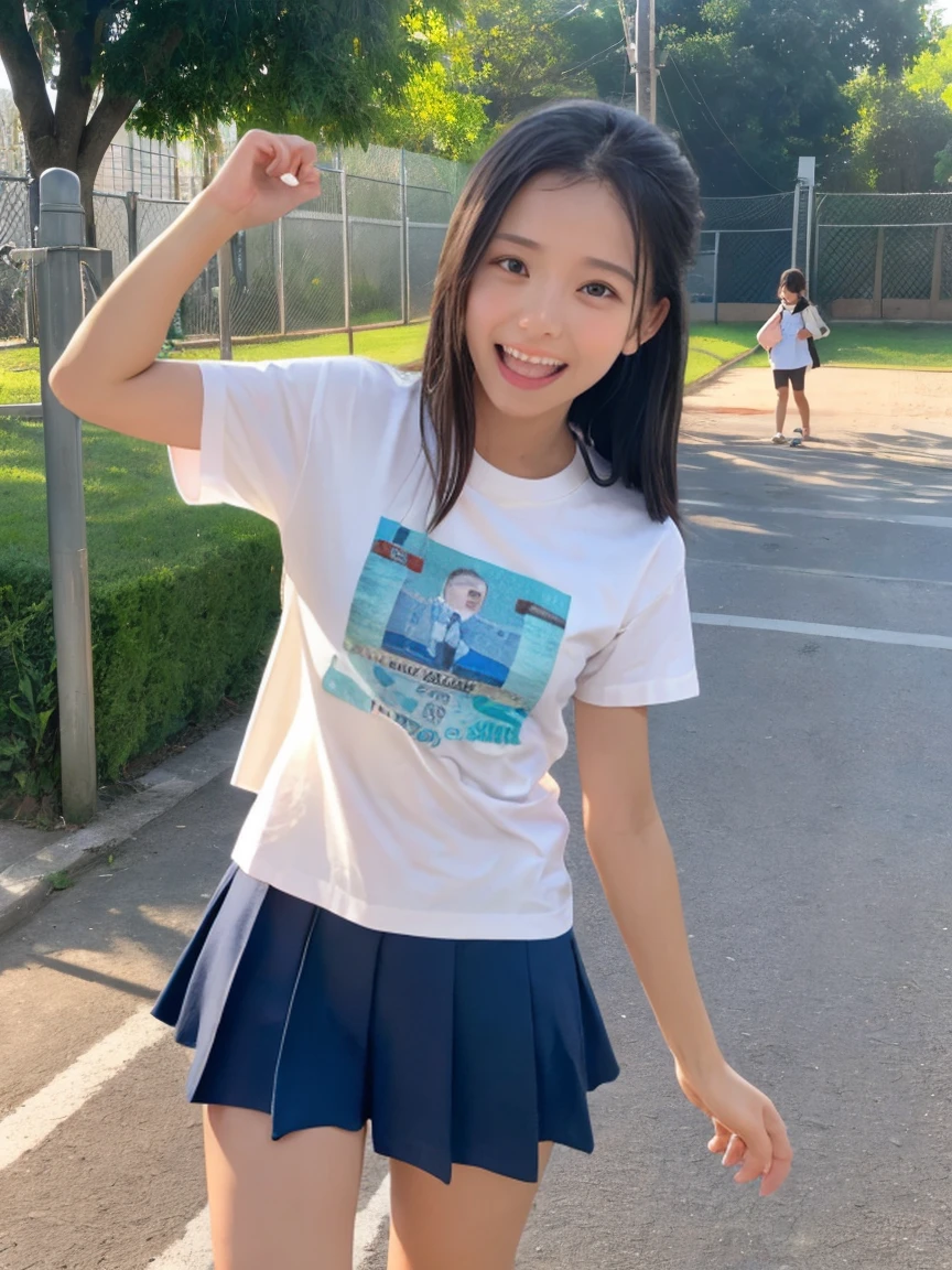 (8k),(masterpiece),(Japanese),(8-year-old girl),((innocent look)),((Childish)),From the front and above,smile,cute,Innocent,Kind eyes,Plain T-shirt,Short sleeve,Short skirt with blue check,semi-long,Hair blowing in the wind,Black Hair,Somewhat strong wind,noon,bright