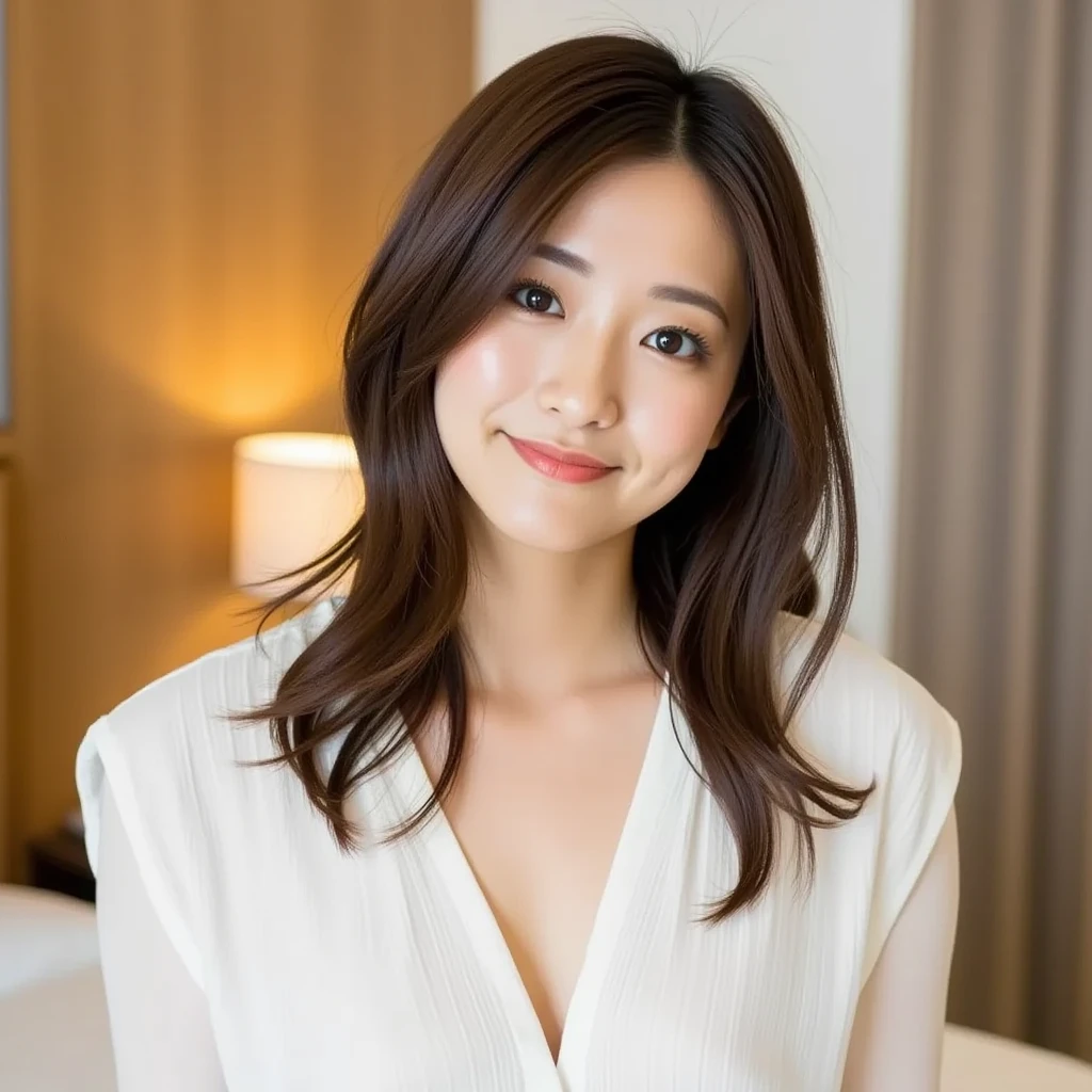 Skinny Japanese woman, Dressed, small head, cute face, detailed face, detailed eyes, (photographrealistic:1.4), (Hyper realistic:1.4), (Realistic:1.3), (Smoother lighting:1.05), (increase cinematic lighting quality:0.9), 32K, 1girl in, 30-years old, Realistic lighting, Backlighting, Light on Face, raytrace, (Brightening light:1.2), (Increase quality:1.4), (Top quality real texture skins:1.4), Black underwear, a necklace, Very thin waist, slender legs, (Increase body line mood:1.1), (Increase the beauty of skin texture:1.1)