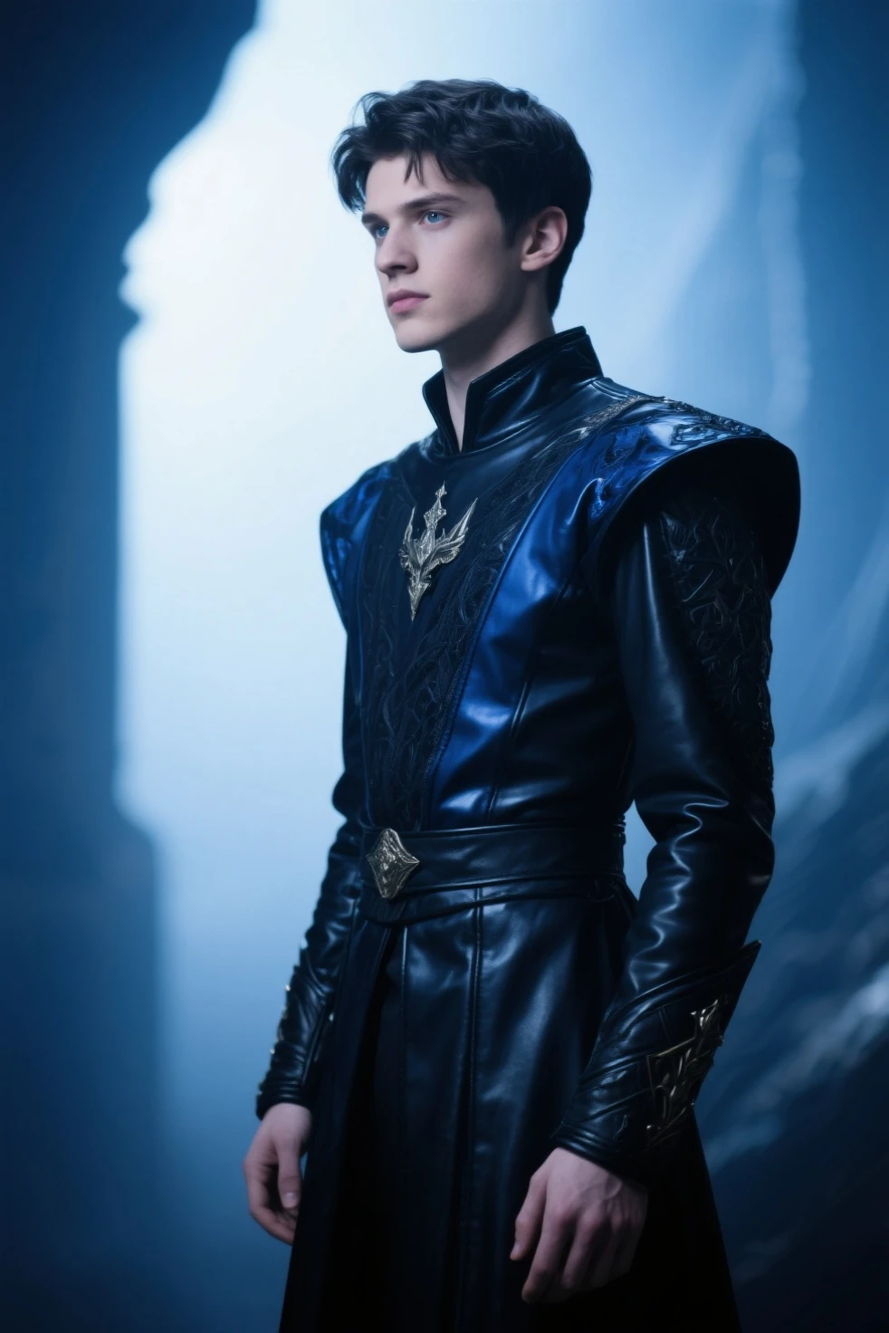 Young boy, 6 years old, Royalty, Round box-like strong jawline, strong cheekbones, medium-full lips, thin but strongly defined nose, very good hairline, shoulder-length Silver-white hair, Bright Violet purple eyes, and tall for his age, handsome, targaryen, silver hair, expensive Black outfit.