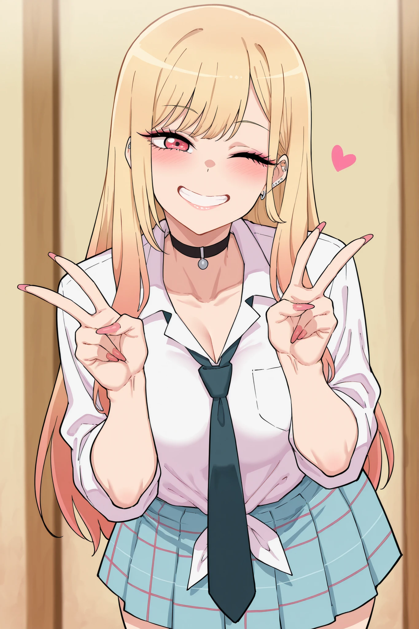 masterpiece, best quality, amazing quality, very aesthetic, absurdres, highres, newest,1girl, solo, kitagawa marin, blonde hair, skirt, collared shirt, necktie, double v, smile, head tilt, leaning forward, wink, blush, heart, choker, 
cyboii