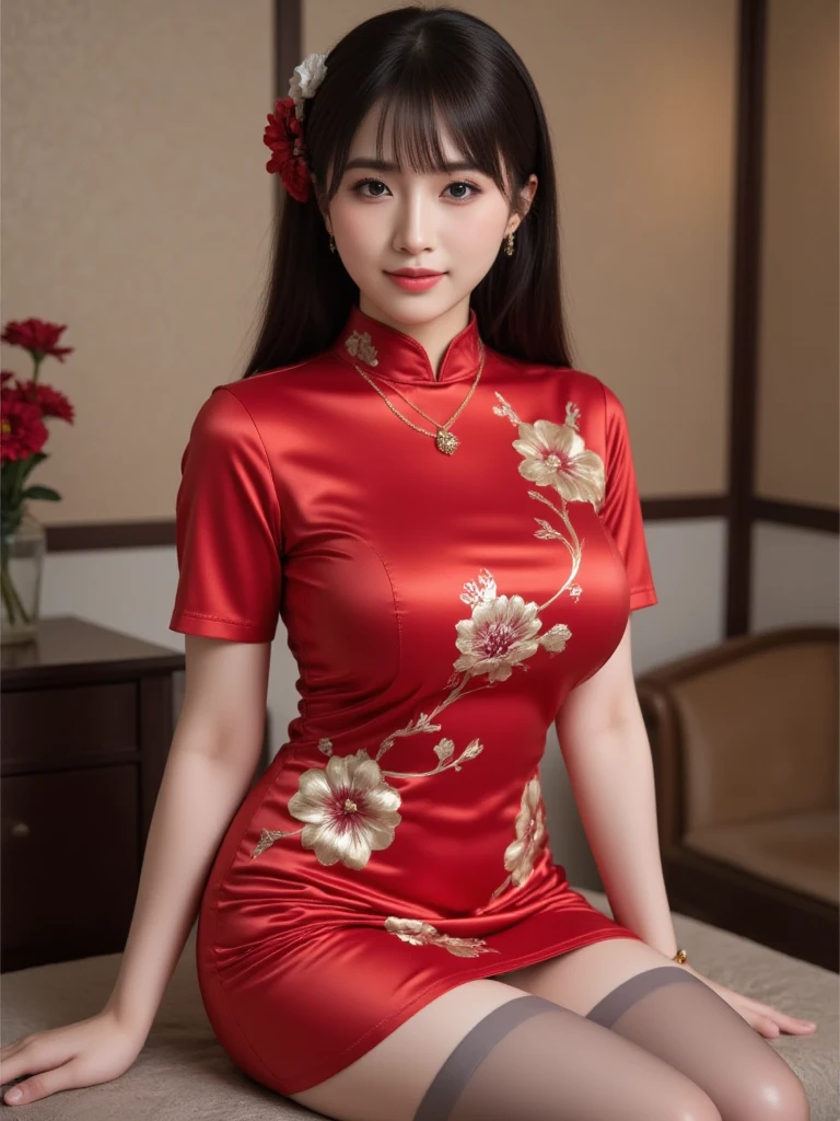 a Chinese woman wearing china dress, highly detailed decorations, (((masterpiece))), ((best quality)), ((intricate detailed)), ((Hyper realistic)),, absurd res, milf, mature woman, perspective, highly detailed, illustration,, (large breasts), perfect hands, detailed fingers, beautiful detailed eyes, updo hair, brown eyes,(Chinese dress:1.2), earrings, detailed background, perfect eyes, seductive eyes, standing,( looking at the viewer:1.6),(arms up, hands behind head:1.5)
