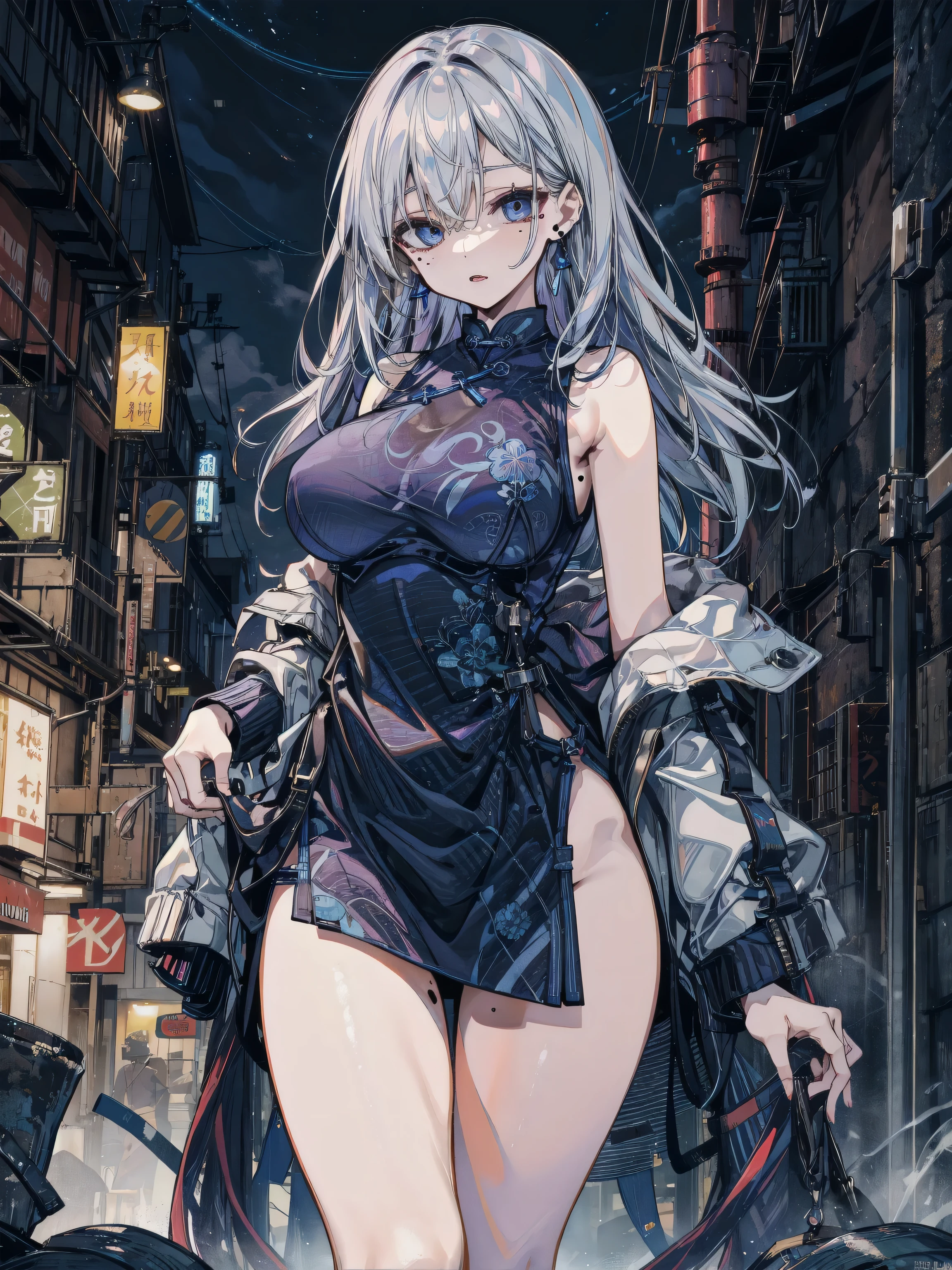 beautiful detailed 25 years old sexy adult female japanese, wearing sexy gothic punk girl, ponytail white hair, curvy body, large breast, massive cleavage exposed, huge buttock, street city background