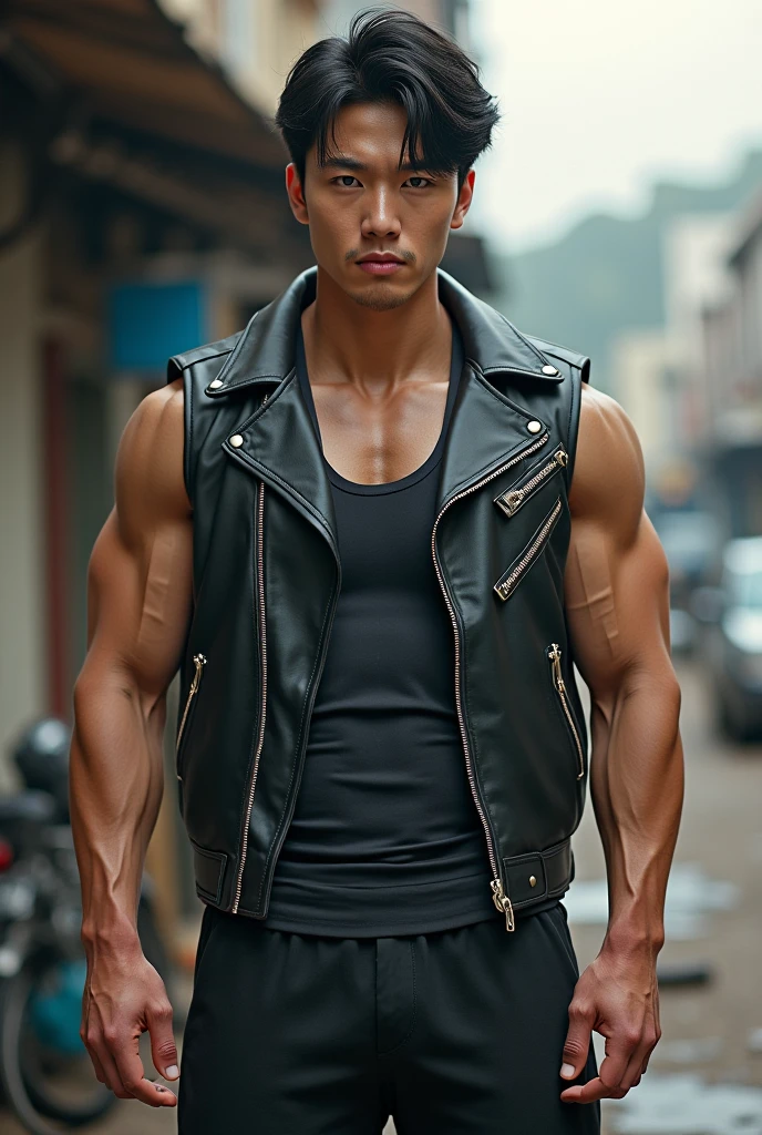 Dicas: foto de corpo inteiro, design de personagem do jogo, Bruce Lee jogo da morte, Walking towards the camera, corpo de topless, Hands in pockets, yellow pants with black stripes, cigarette on the lips, olhos vazios, personagem Hokuto Shinken, Kenjiro, luz lateral superior, rua da cidade deserta (distant view, profundidade de campo borrada), elevation perspective - AR 10:16 - Expression of style