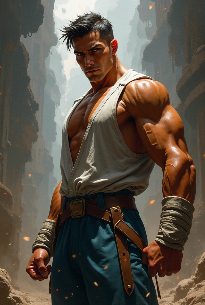 (masterpiece:1.2, best quality:1.2, extremely delicate:1.2), ((male:1.5)), a man with spiky short orange-red hair, side-parted bangs, a calm gaze, a faint smile, a mature and handsome face, dark skin, a tall and muscular build, a bare upper body, several strips of leather armor wrapped around his left shoulder and chest, wrist guards, loose beige cargo pants, standing in a massive circular arena, this character embodies a finely crafted fantasy-realist style gladiator in anime style, exquisite and mature manga art style, dramatic, high definition, highres, ultra-detailed, ultra-fine painting, professional, perfect body proportions, golden ratio, anatomically correct, symmetrical face, extremely detailed eyes and face, high quality eyes, creativity, RAW photo, UHD, 32k, Natural light, cinematic lighting, (masterpiece-anatomy-perfect:1.2)