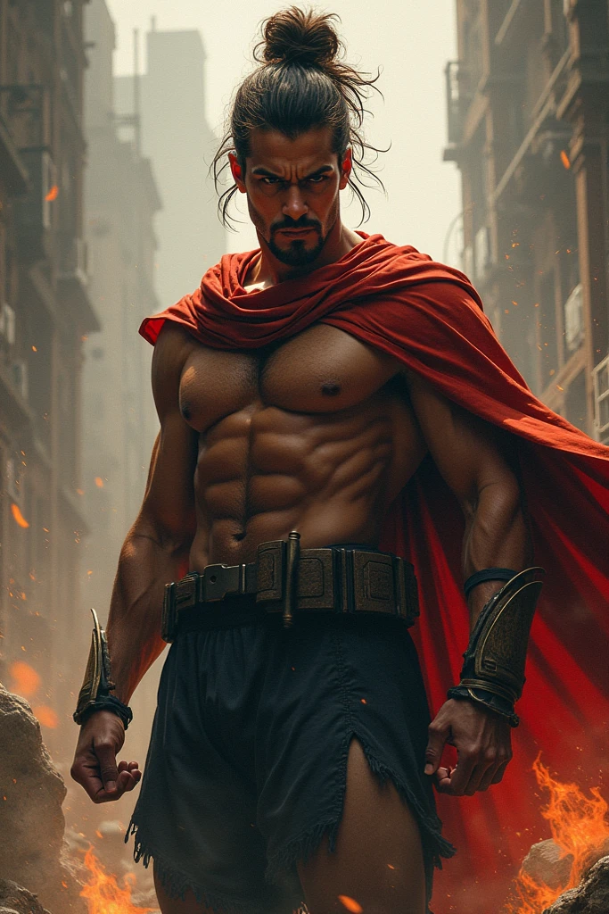 a bald human wizard creates and has no beard, with a red tunic and black marks on his body