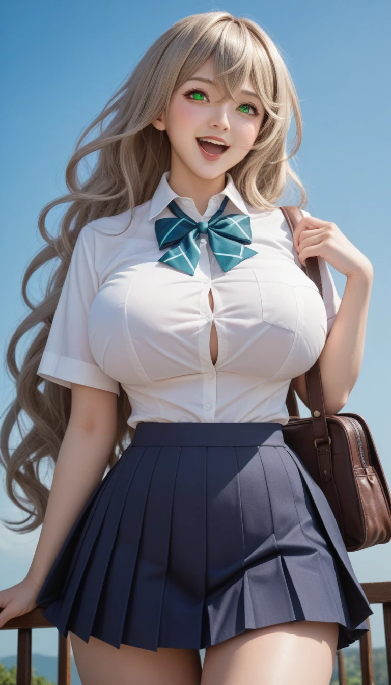 1girl,big breast, blonde hair, red eyes,high quality, ultra detailed, masterpiece, realistic,white shirt, blue skirt , school clothes