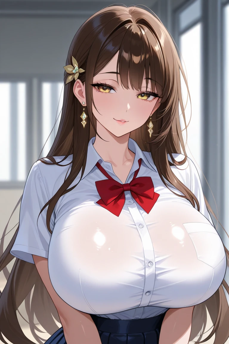 loose school uniform is sheer, button gap,red white gold uniform,(button gap:1.5), white skirt, white top, red ribbon, golden buttons, golden shoulder pats, young adult, 19 years, brown long hair, brown eyes, beautiful brown eyes, big breast, striking body curves, horny smile, pink lips, tiny girl, cute pose, masterpiece, classroom background, school
