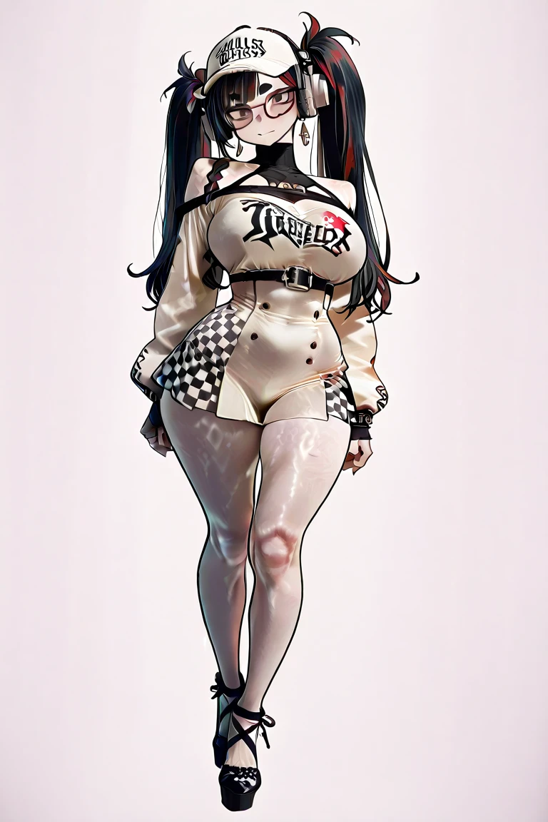 Anime goth girl with black hair and black lipstick, 17 years old, wearing fishnet stockings, revealing breasts and vagaina, full body shot down to her toes, smiling on a white background.