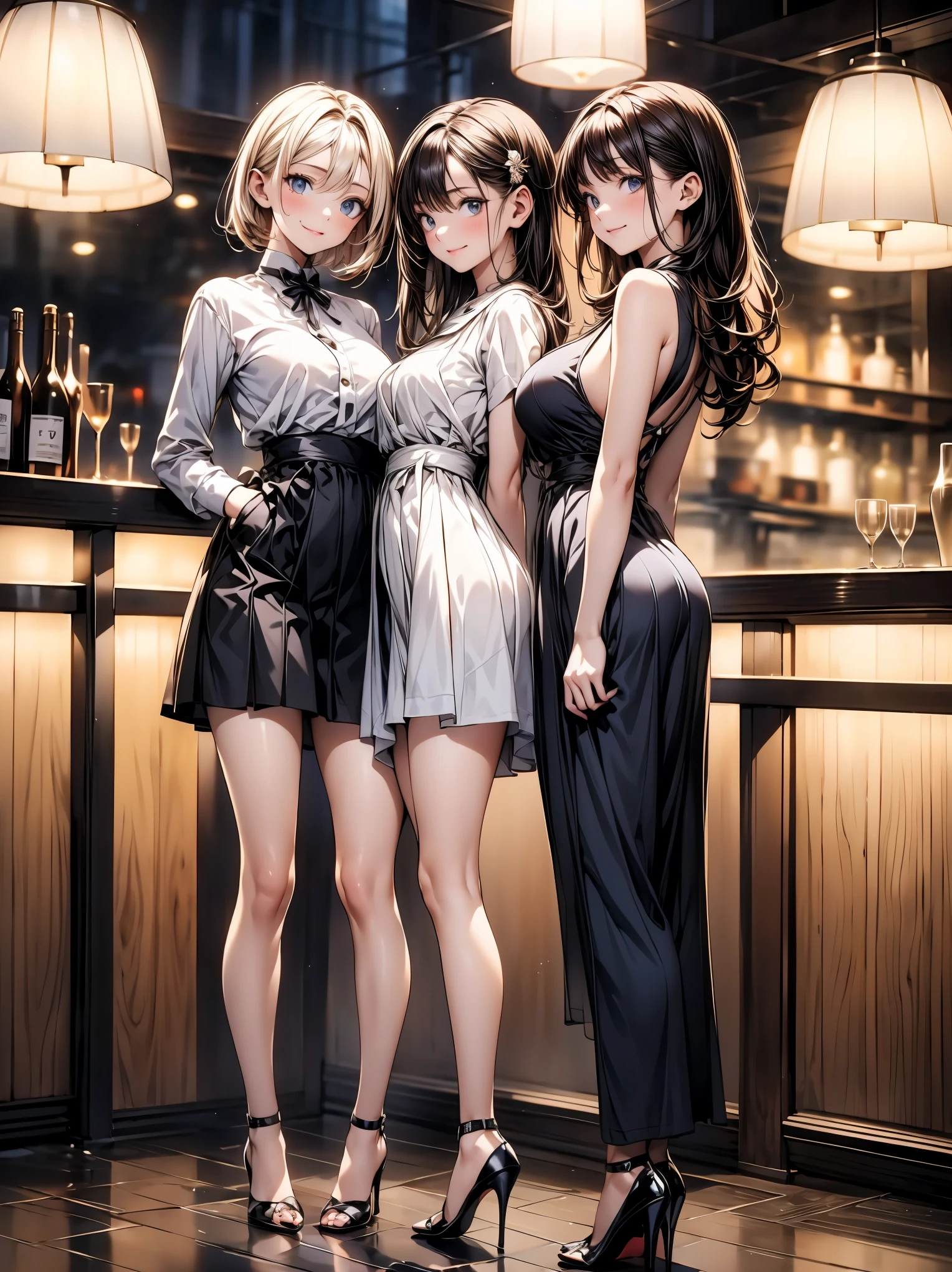 (masterpiece, best quality, highest quality, Masterpiece, 8k:1.5),((Full Body Shot,Including face)), 1girl, ((Focus on the face,Symmetrical facial features)), Beautiful woman, (slender),((High heels,Patterned stockings with straps)), Detailed depiction of the face, Cafe clerk , bar counter, profile, Yukata, slenderな女性, Medium Long, Vertical Roll,