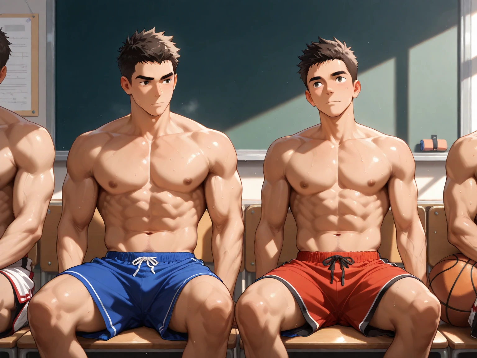 Masterpiece, Best quality, Korean mans, gym background, muscle body, Natural eyes, large bulge, short detailed hair, Sexy guys, looking at viewert, top less, Black briefs, Triangle men's underwear, a little, standing, musculature
