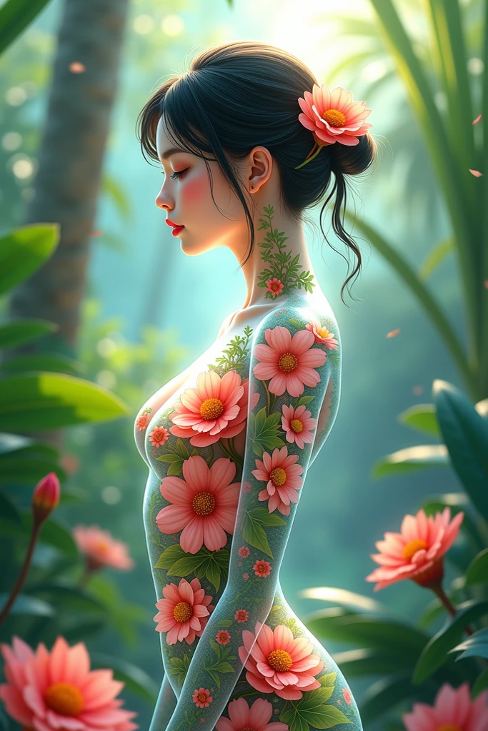 girl nude, little body, little breast, (((all body artistic painting fullcolors pastel))), wonderfull yakuza tattoo work, multicolor hair, ((long hair pin with detailled decoration)), complex asian hairstyle, masterpiece, best quality, in bamboo forest, (((standing, front view
, all body)))