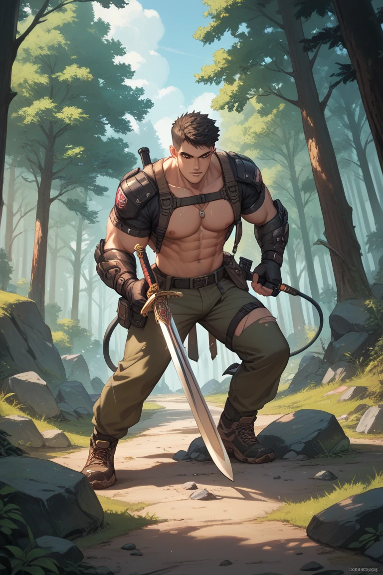 1boy, a man with a sword and a red cloak on his shoulders, abs, cloak, cowboy shot, flaccid, foreskin, large pectorals, looking at viewer, male focus, male pubic hair, muscular male, muscular, naked cloak, navel,,, pectorals,, pubic hair, red cloak, short hair, smile, solo, stomach, sword, testicles, thick thighs, thighs, fairytale prince, holding sword, 8k, ultrahd, dslr photo, ornate sword, highres, cinematic, hand through hair, brambles, thorny bushes, thorns, a man with a hand through his hair, depth of view, gloomy wood,