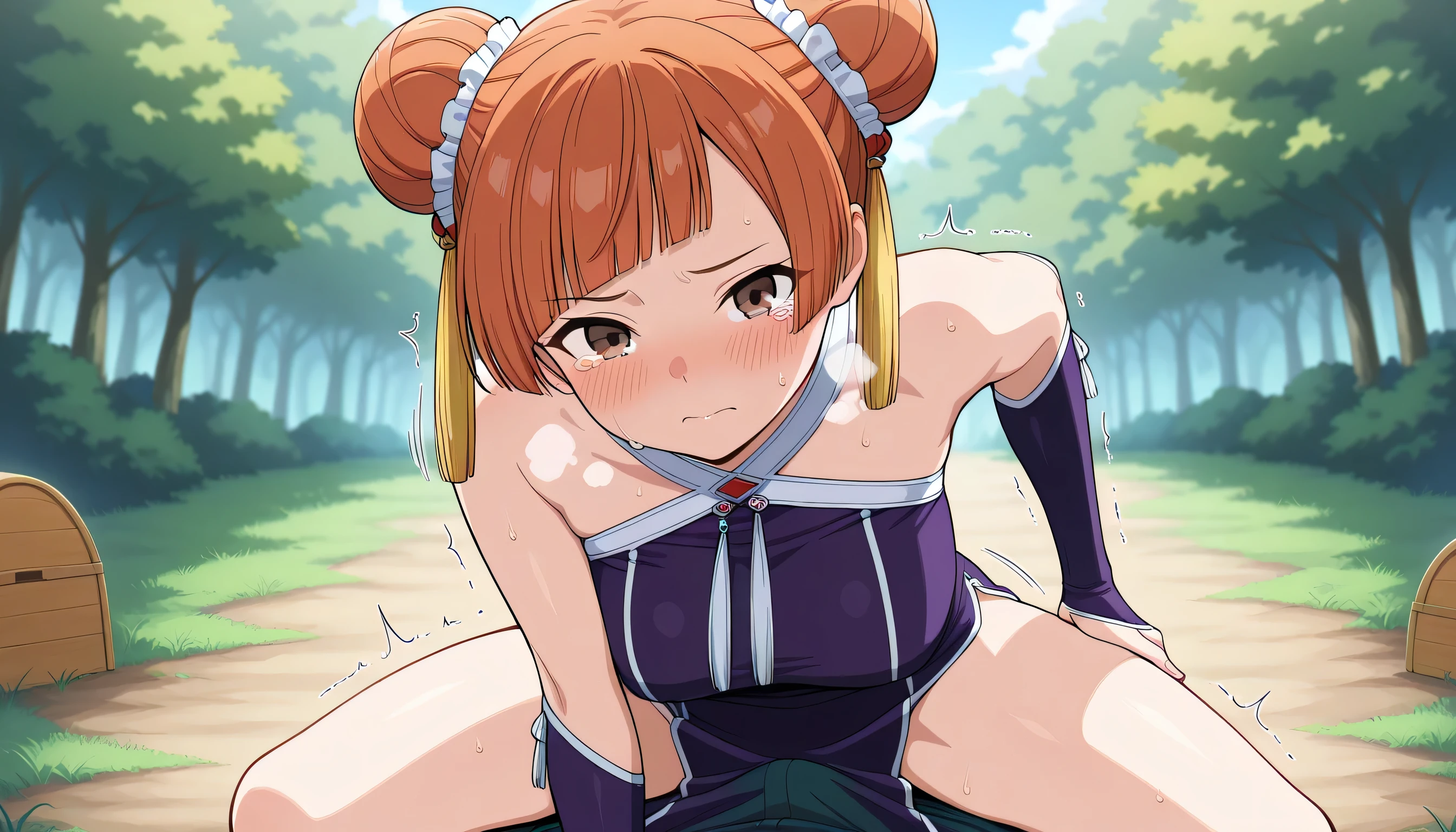 (beautiful girl : 1.3),1 girl,tears ,(Run,orange hair,SHORT HAIR,double bun,blunt bangs,brown eyes,tassel hair ornament),(china dress, sleeveless dress, purple dress, Halterneck, bridal gauntlets), Looking at Viewers ,(vaulting ,straddling,sitting, is embarrassing,blushes, crotch rub, blushing, Doggystyle, (trembling,bouncing,motion blur) (heavy breath, steam ),outdoor ,forest,day,sunshine ,masterpiece,top quality,super high definition of the front hair,rich contrast to be packed,高画质,8K,High Definition CG Unit Wallpaper,on the,unbelievably absurd,super high definition of the front hair, RAW Photos , very detailed