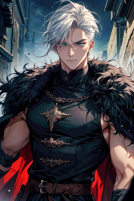 homen,Strong muscles, short white hair, best quality,open chest vest, blue and black clothes, Dragon Wings, black cloth on face, black cross chain around neck, black fedora hat with blue dragon horns on hat, in london 