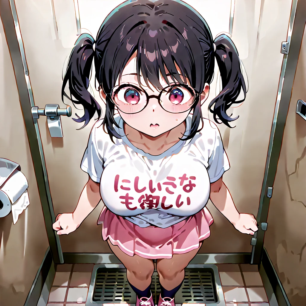 lolicon, pink shirt, torn black skirt, torn white panties, hanging from a bar, blue eyes, glasses, embarassed, (bitten in the ass by grey wolf)