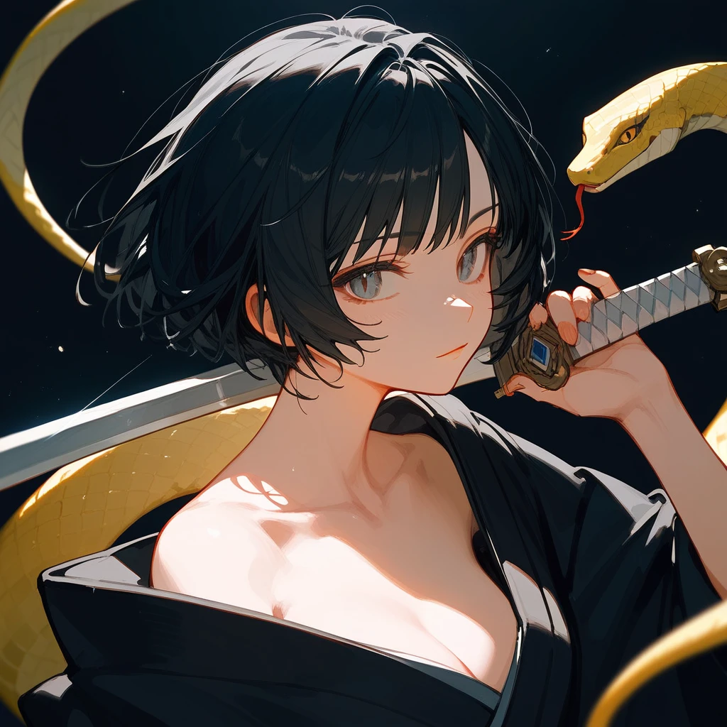 1 girl, Black Hair, iris, Off-the-shoulder kimono, beautiful_face, Black snake motif, Kimono with snake scale pattern, Solo Illustration, short hair, Black kimono, Holding a sword, Upper Body, Flat Chest, Squint your eyes