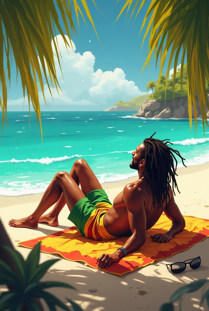 best quality, serious,Summer, sun, beach, coconut palms, swell sea, nature, light blue sky, morro de são paulo, bahia, brasil, anime style, 2d, young man sitting in the shade of the coconut tree, with his hand on his knee, holding a joint with smoke, looking down, luminous, dark skin, long hair of dreads, long wavy hair,, tan, surfboard, High waves, shirtless, surf shorts with coconut drawing, Hangdown, thoughtful, sunlight, sparkle on the face, shadow on the face, sitting on the sand, vegetation around, stone with moss, paradise, Lost Paradise, Mystic, Magic, Misterious Atmosfere, Manga Style, Dragon Ball Z, with marijuana based in hand, smoke coming out of the cigarette, burning ember, bermuda do surf até os joelhos com estampa de coqueiros num degradê ao preto, garota linda de bikini ao seu lado, garota de black power e pele negra, close no rosto, feiche de luz no rosto com particulas