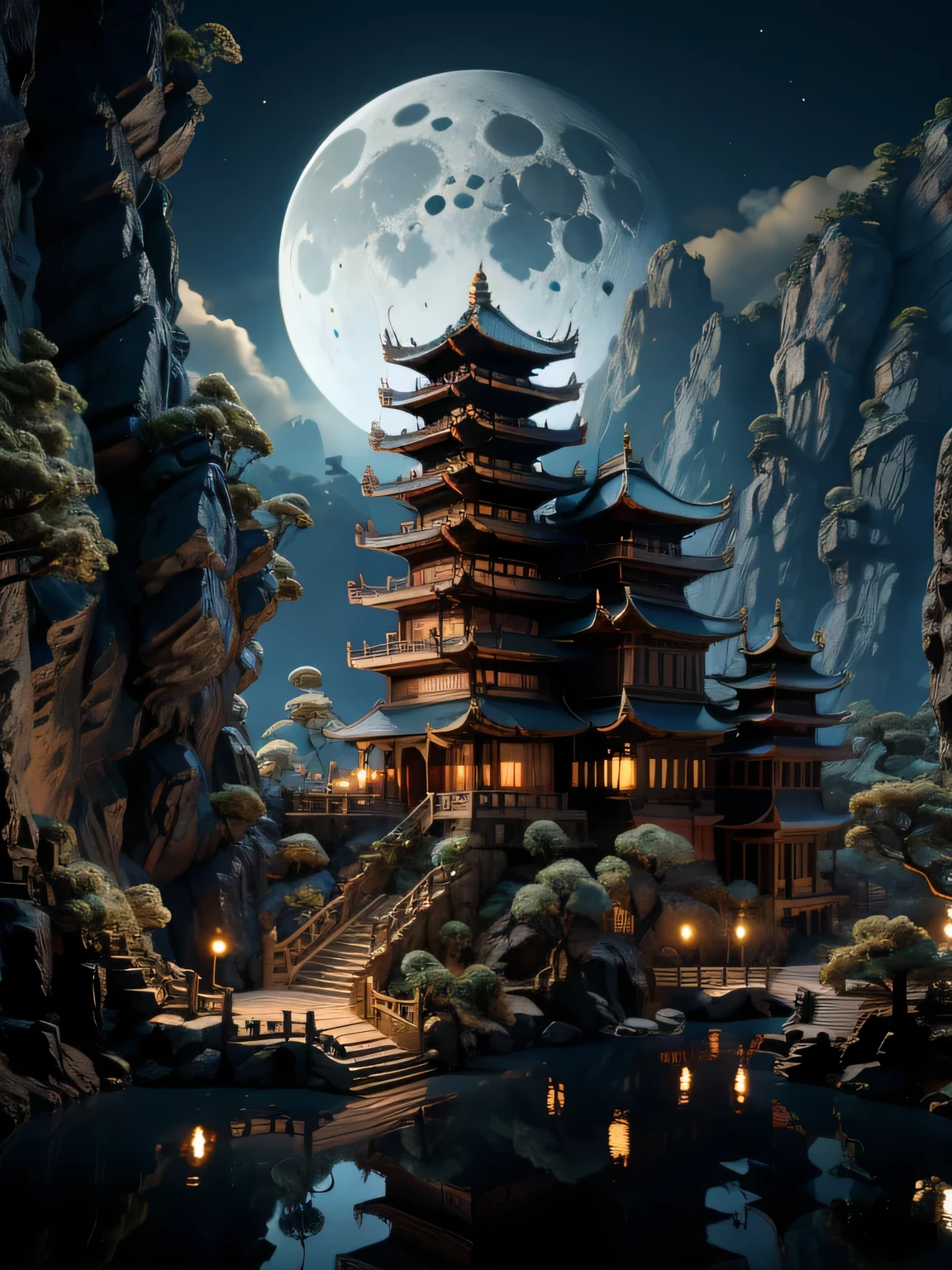 ancient city,outdoor,Sky,water,Tree,No_Humanity,night,moon,architecture,landscape,full_moon,reflection,lantern,stairs,Mountain,architecture学,bridge,East_Asian_architecture学,pagoda,movie lighting,strong contrast,高細節water平,best quality,masterpiece,