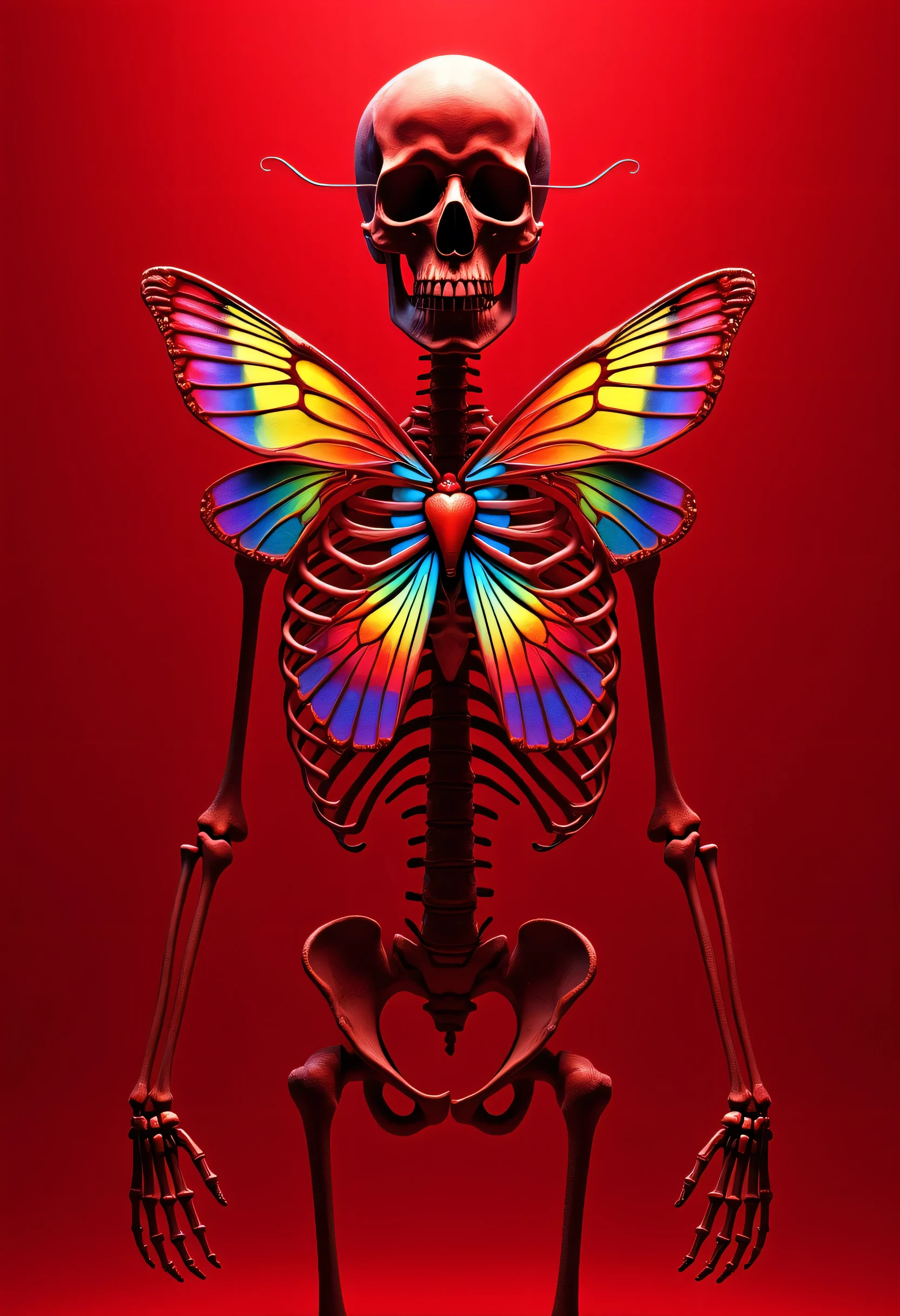 realistic human skeleton model drawn in red and black、angle from below、The heart is rainbow colored and beating in the shape of a butterfly、red background、masterpiece、