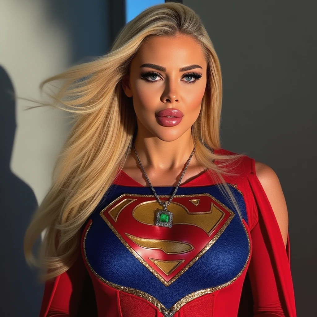 photo of kyl13 a woman, blonde hair, wearing a superwoman outfit, looking at viewer, <lora:Kylie_Jenner_SDXL_2019-2021:.9>