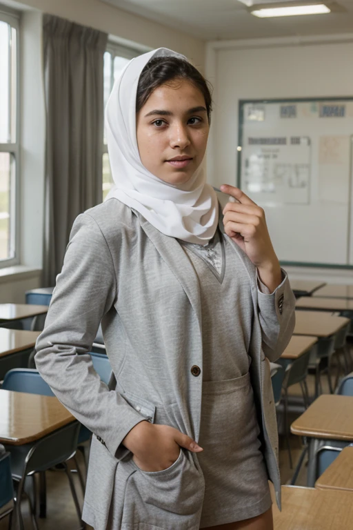 A 30 years old Muslim teacher wearing hijab, standing in front of the classroom, big breast, wearing baju kurung, perfect face, black eyes,long legs, big ass, hand on the desk