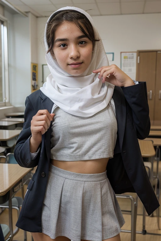 A beauty Pakistan model with hijab in photo studio, romantic background, big breasts, beauty body sexy, dress uniform cosplay student, plaid mini skirt, white panties, sensual pose, smile, naughty, vivid colors, Bokeh.
