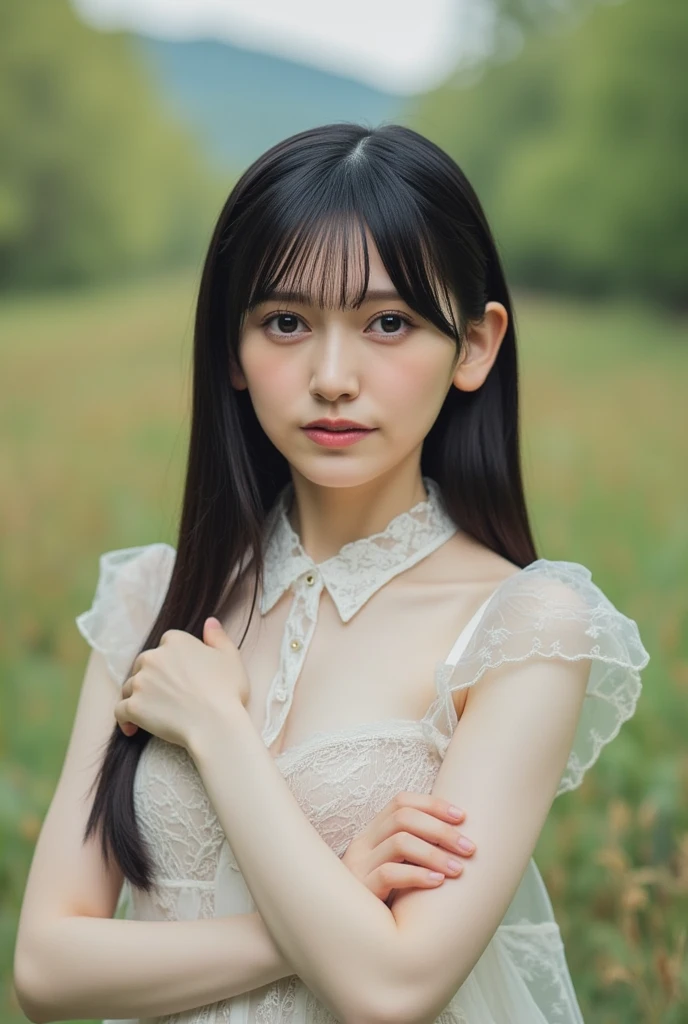 (highest quality, 32k, High resolution, masterpiece:1.5, ),marimo_jet, Beautiful Shii Japanese girl, god々Shii, Extraordinary beauty, (whole body:1.3), (Shiny black hair:1.3), Beautifully arranged super long straight silk hair, Asymmetrical bangs, Magical big eyes, white and smooth skin, (White simple dress), Traditional Japanese Kimono, early morning, Japan&#39;s Dark God Company, Dazzling sunshine, Professional Lighting, Professional Photographer, Professional models, God&#39;s Secret