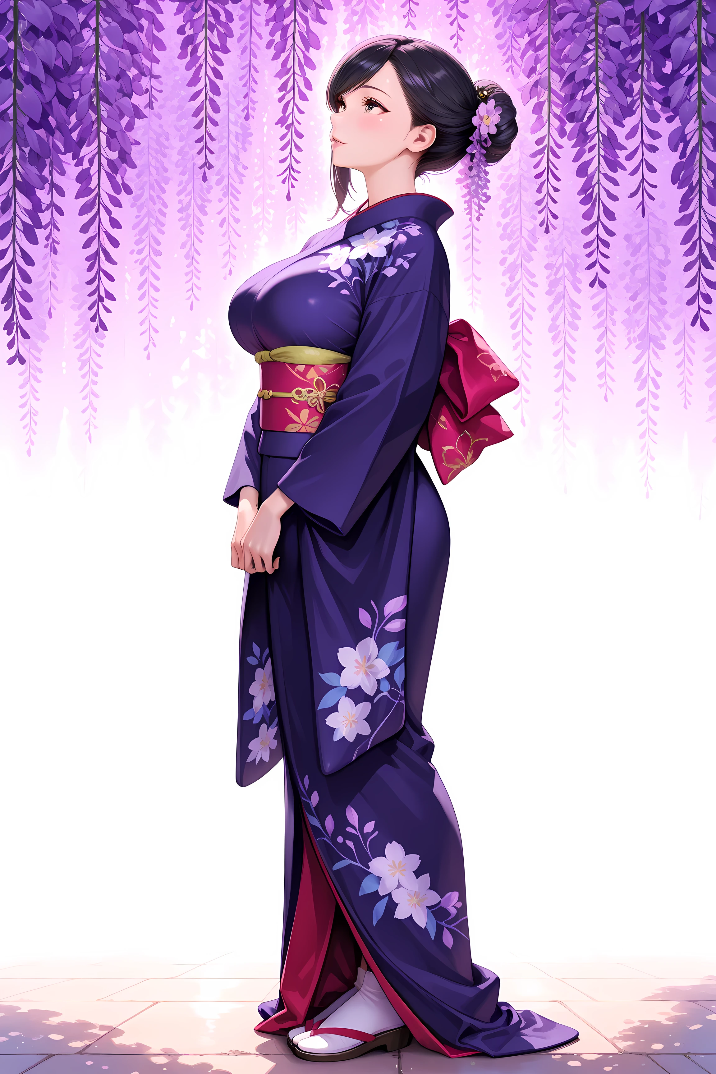 1 girl, 23yo, Japanese girl looking up at wisteria flowers,, brown eyes, black hair, shiny hair, long hair, swept bangs, single hair bun, wisteria flowers hair ornaments, sleek and smooth, perfect artwork, picture-perfect face, beautiful face, charming, seductive, alluring, enchanting, stylish, large breasts, narrow, wearing a purple kimono, white tabi, from side, full body, looking at side, purple fuji flower, masterpiece, best quality, ultra realistic 8k cg, epic, high resolution, soft light,