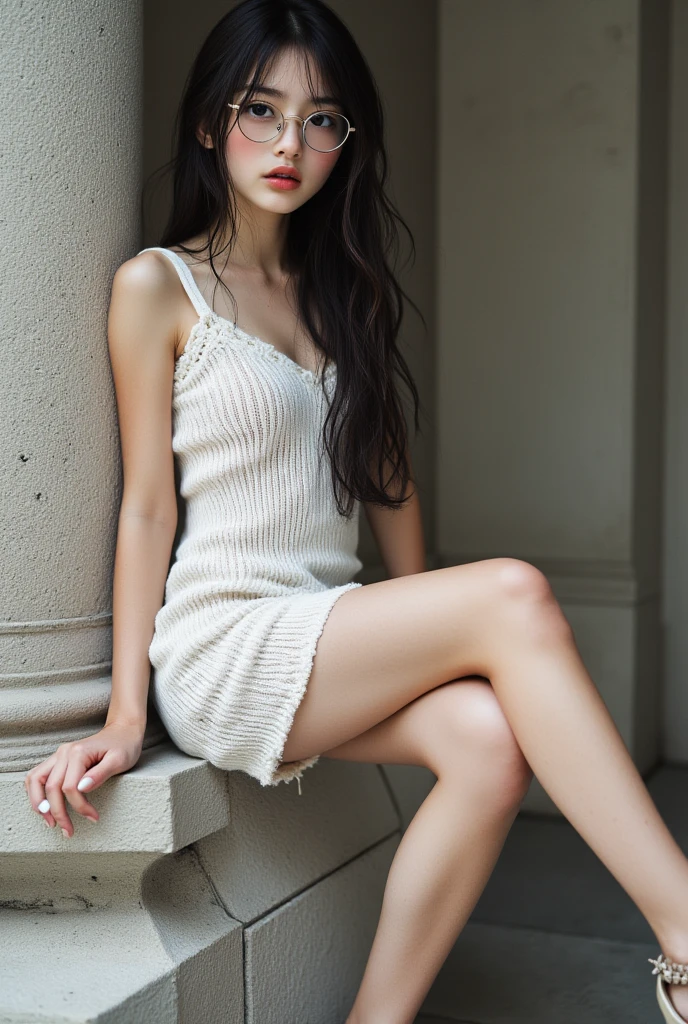 Best quality, masterpiece, ultra high res, (photorealistic:1.4), raw photo, 1girl, off shoulder, sexy pose, full bodyshot, white sandals, white fishnet socks, cat pose