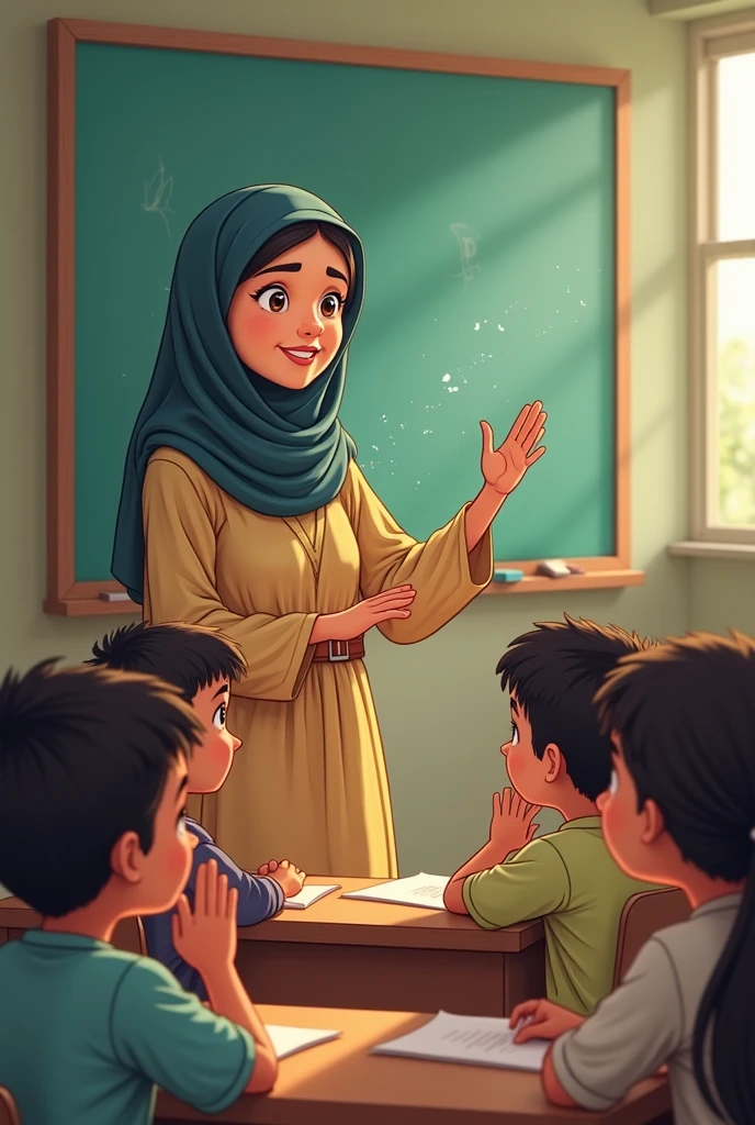 Pretty teacher playing with her preschool students, The teacher with  black hijab on and honey-colored eyes