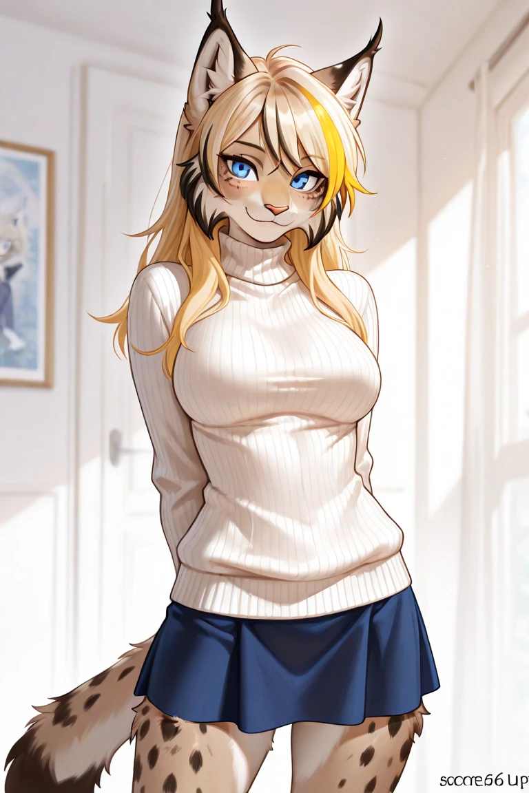 android wife, tigress anthro, blonde hair, blue eyes, glowing eyes, sweater, 3D Disney style