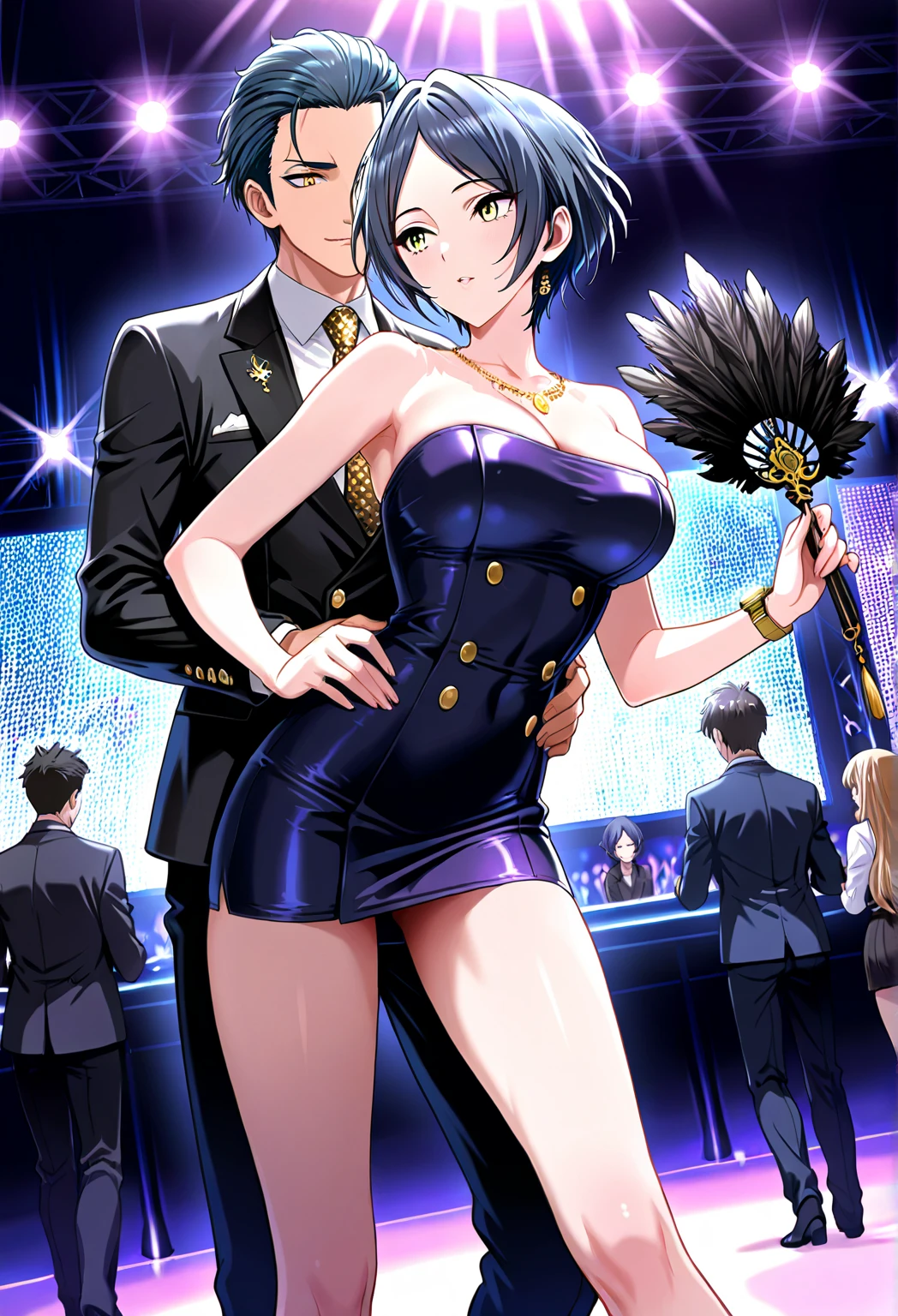 score_9,score_8_up,score_7_up, source_cartoon, source_anime, 2 people, a tall thick light skin woman with long dark blue hair and brown eyes wearing a blue bunny suit with fishnet pantyhose, 2 big nude men with a big dicks, men are having sex with woman, woman is in doggystyle position, one man is fucking her vagina, other man is fucking her ass, double penetration, club, woman is panting, woman's eyes are rolled back, nsfw